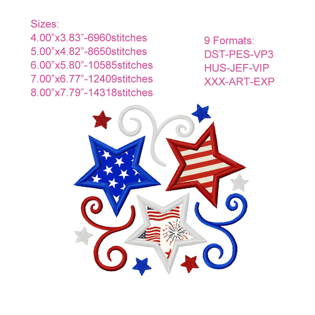 4th of July Patriotic Star Applique Embroidery Design