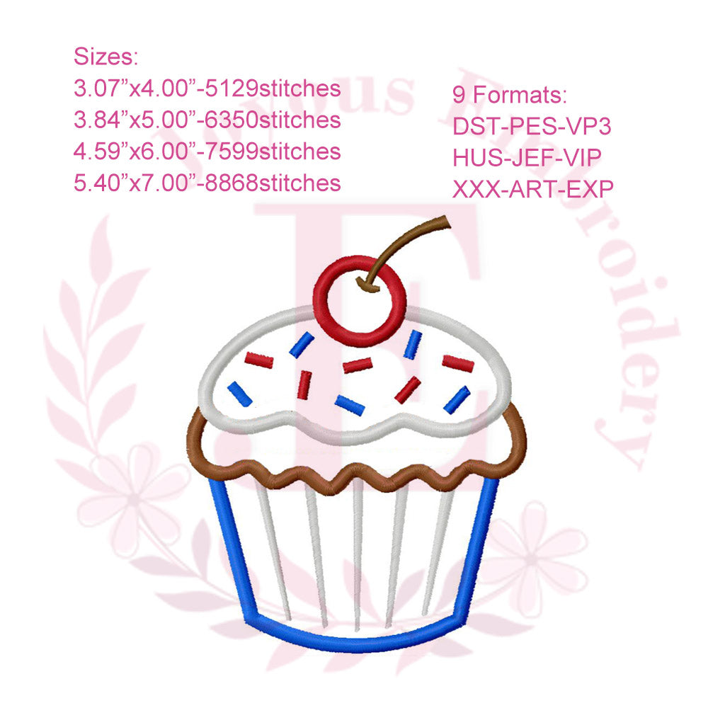 Patriotic Cupcake Applique Embroidery Design, 4th of July Machine Embroidery File