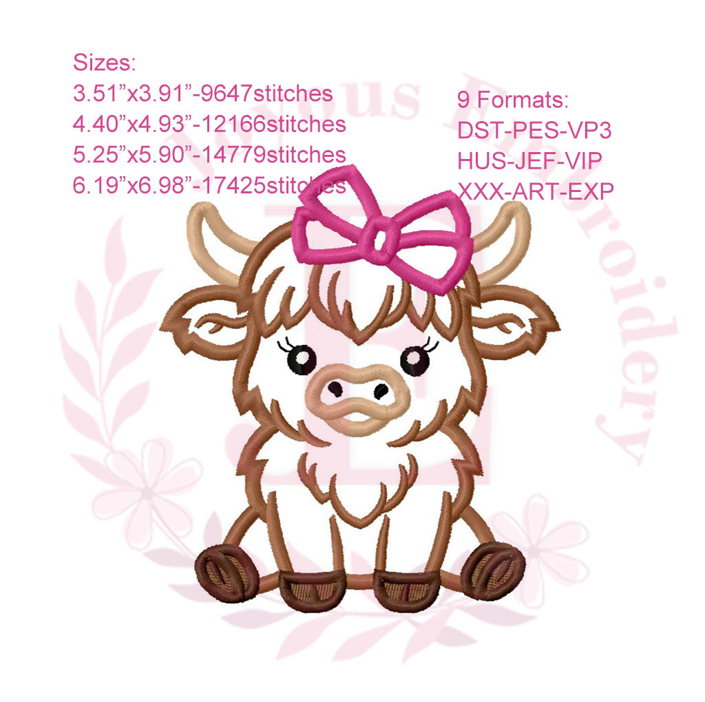 Girl Highland Cow Machine Embroidery Design
