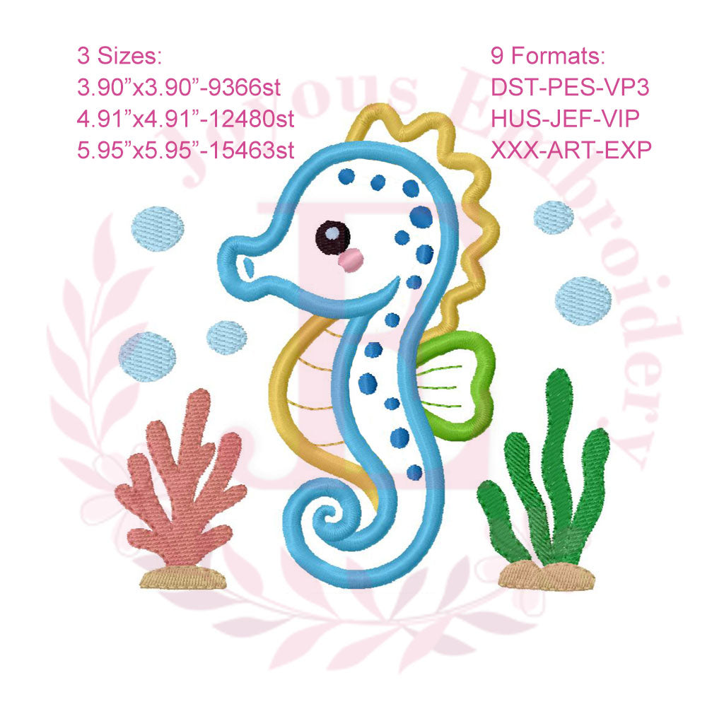 Seahorse Applique Embroidery Design,Ocean Animal Machine Embroidery File