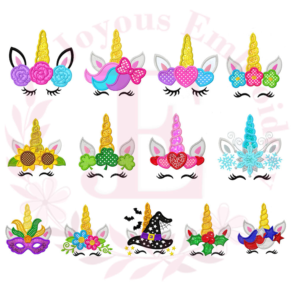 13 Unicorn Face Applique Embroidery File Bundle