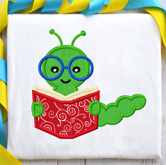 Cute Worm with Book Embroidery Design