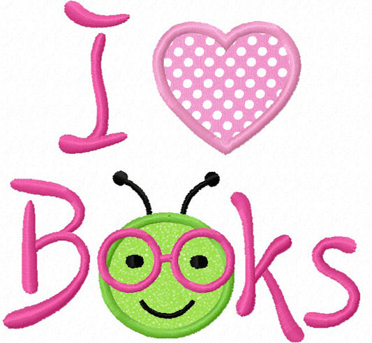 I Love Books Applique Machine embroidery Design