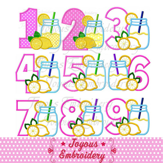 Lemonade Jar Numbers 1-9 Applique Machine Embroidery Design NO:2118