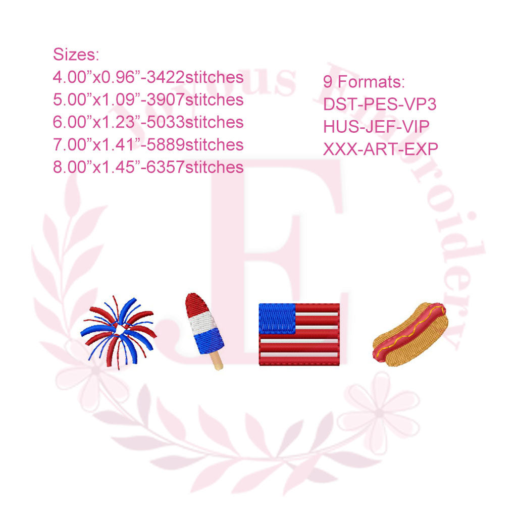 4th of July Mini Patriotic Fireworks Popsicle Flag and Hot Dog Embroidery File