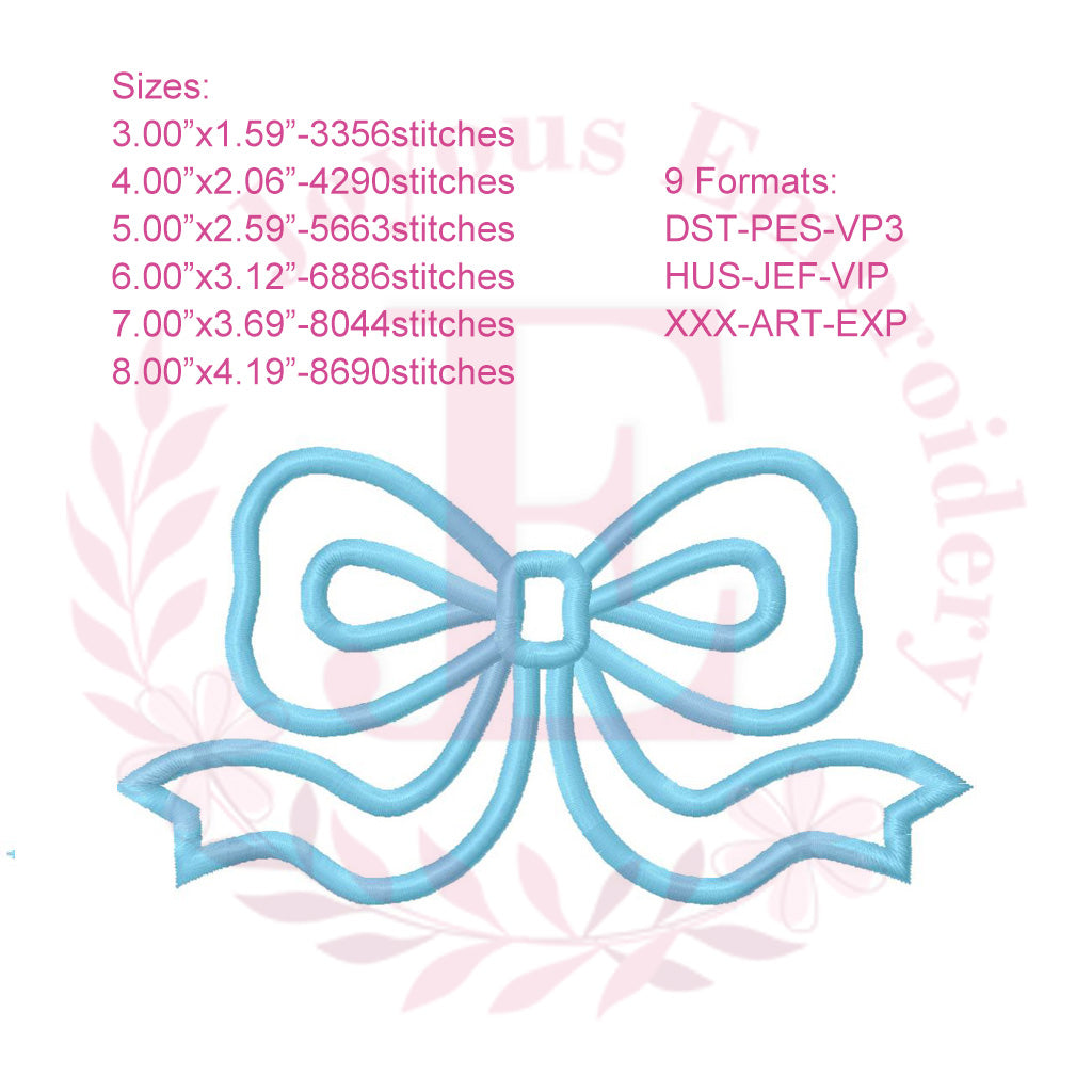 Bow Applique Embroidery Design, Outline Bow Machine Embroidery File,6 Sizes 9 Formats Digital Download