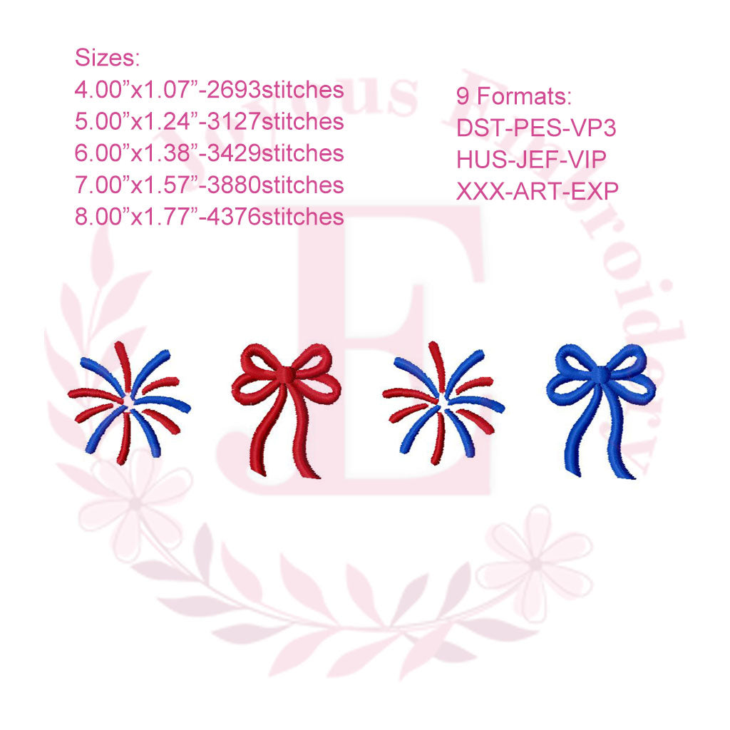 Patriotic Bow and Fireworks Embroidery Design, 4th of July Mini Embroidery File