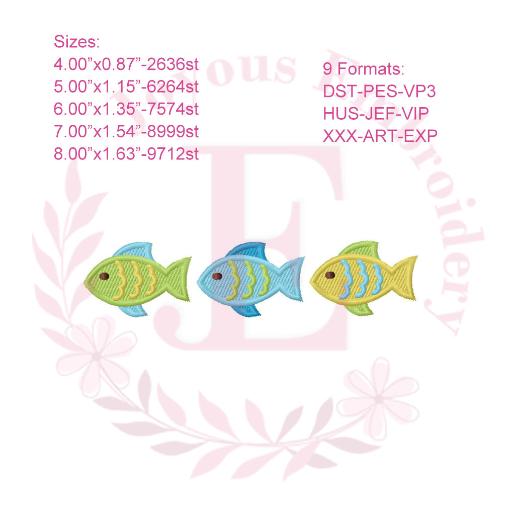 Fish Trio Embroidery Design, Mini Ocean Fish Embroidery File