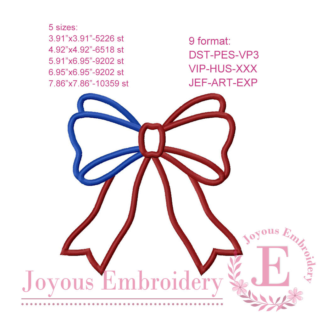 4th of July Flag Bow Applique Embroidery Design, Patriotic Bow Machine Embroidery File