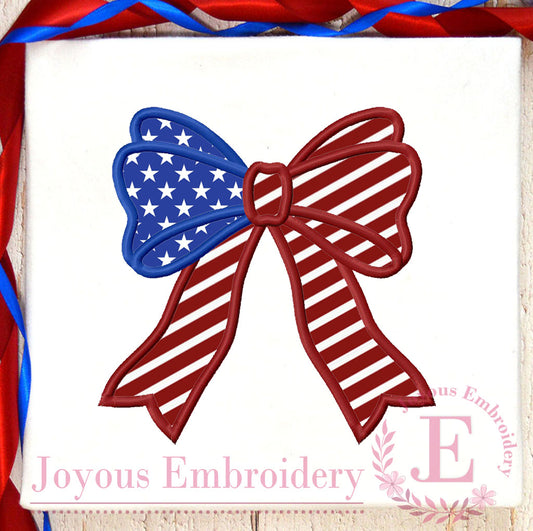 4th of July Flag Bow Applique Embroidery Design, Patriotic Bow Machine Embroidery File