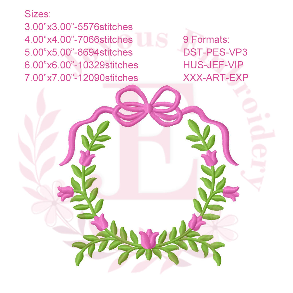 Floral Frame Embroidery Design,Wreath Bow Monogram Frame Machine Embroidery File