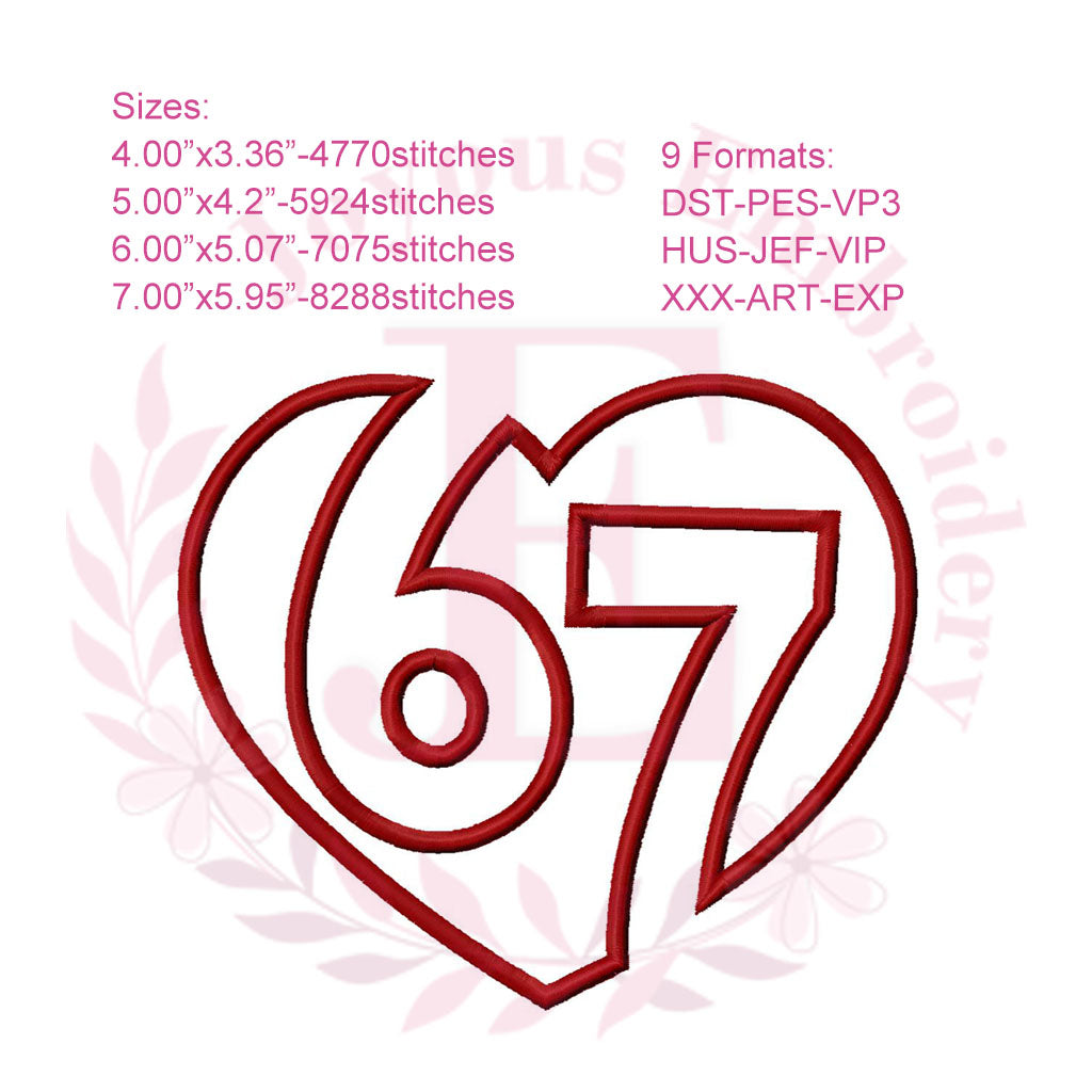 Valentine 6 7 Heart Applique Embroidery File,