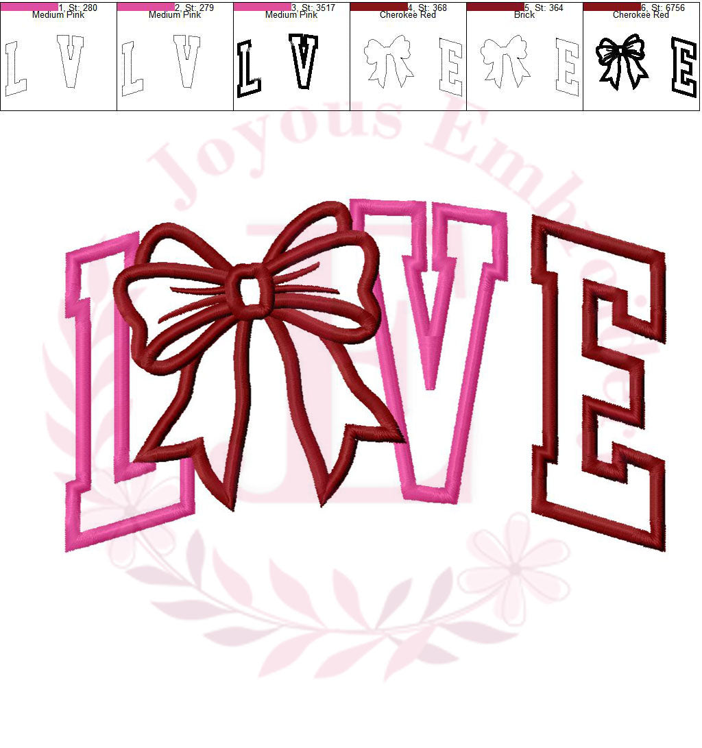 Bow LOVE Applique Embroidery Design