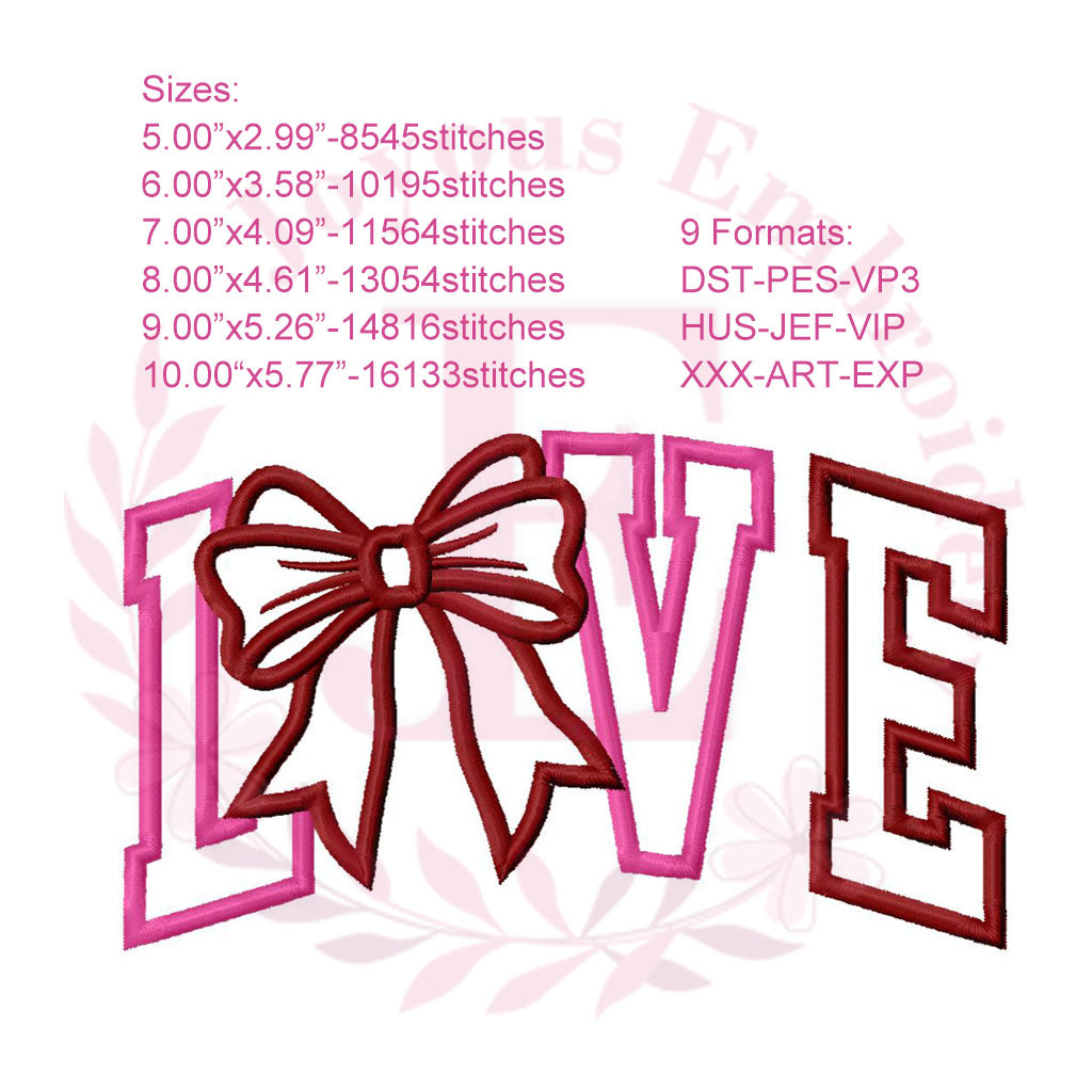 Bow LOVE Applique Embroidery Design