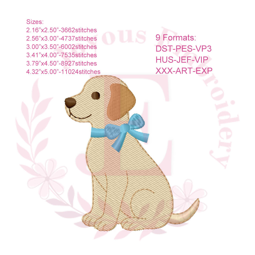 Labrador Machine Embroidery Design, Dog Embroidery File, Puppy Bow Embroidery File