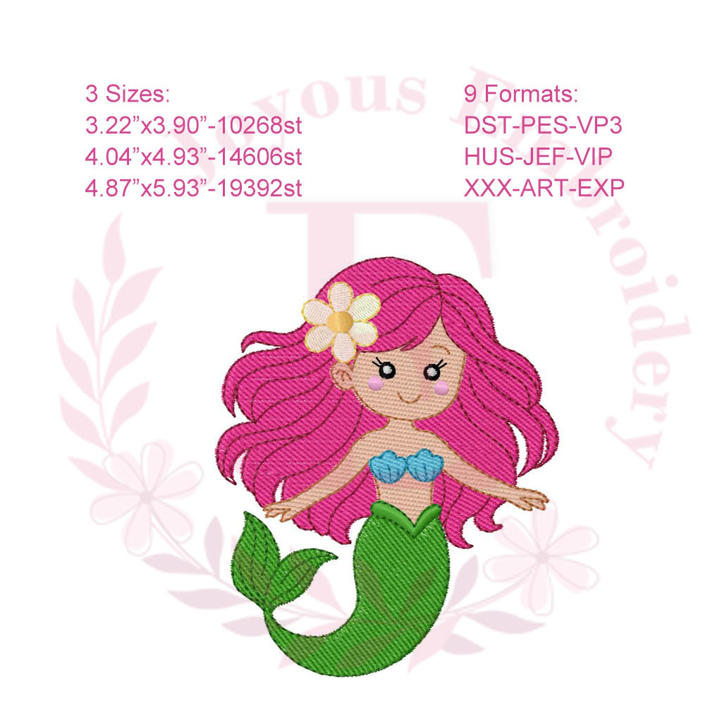 Mermaid Machine Embroidery Design, Ocean Princess Embroidery File