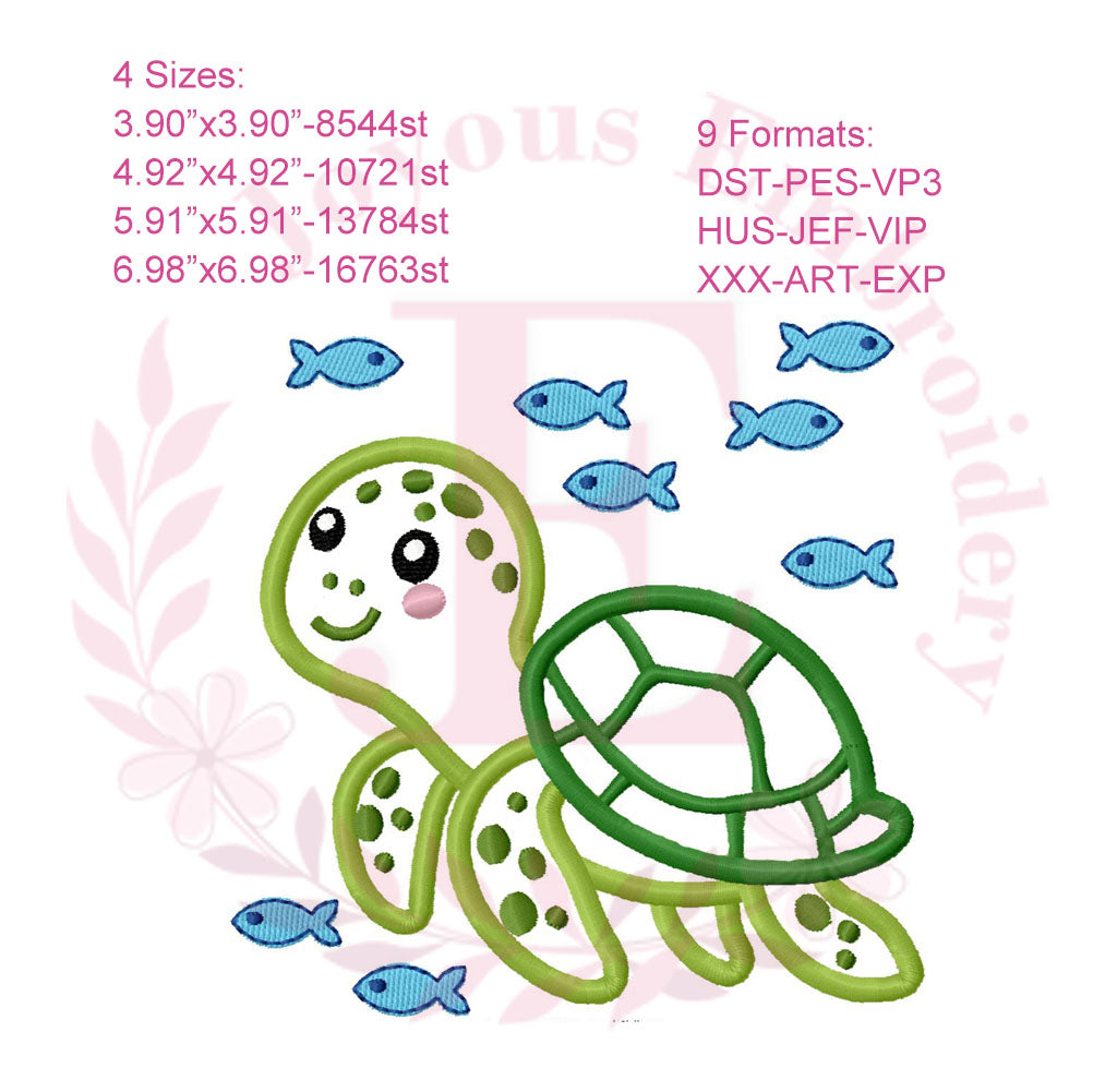 Sea Turtle Applique Embroidery Design,Ocean Animal Embroidery File