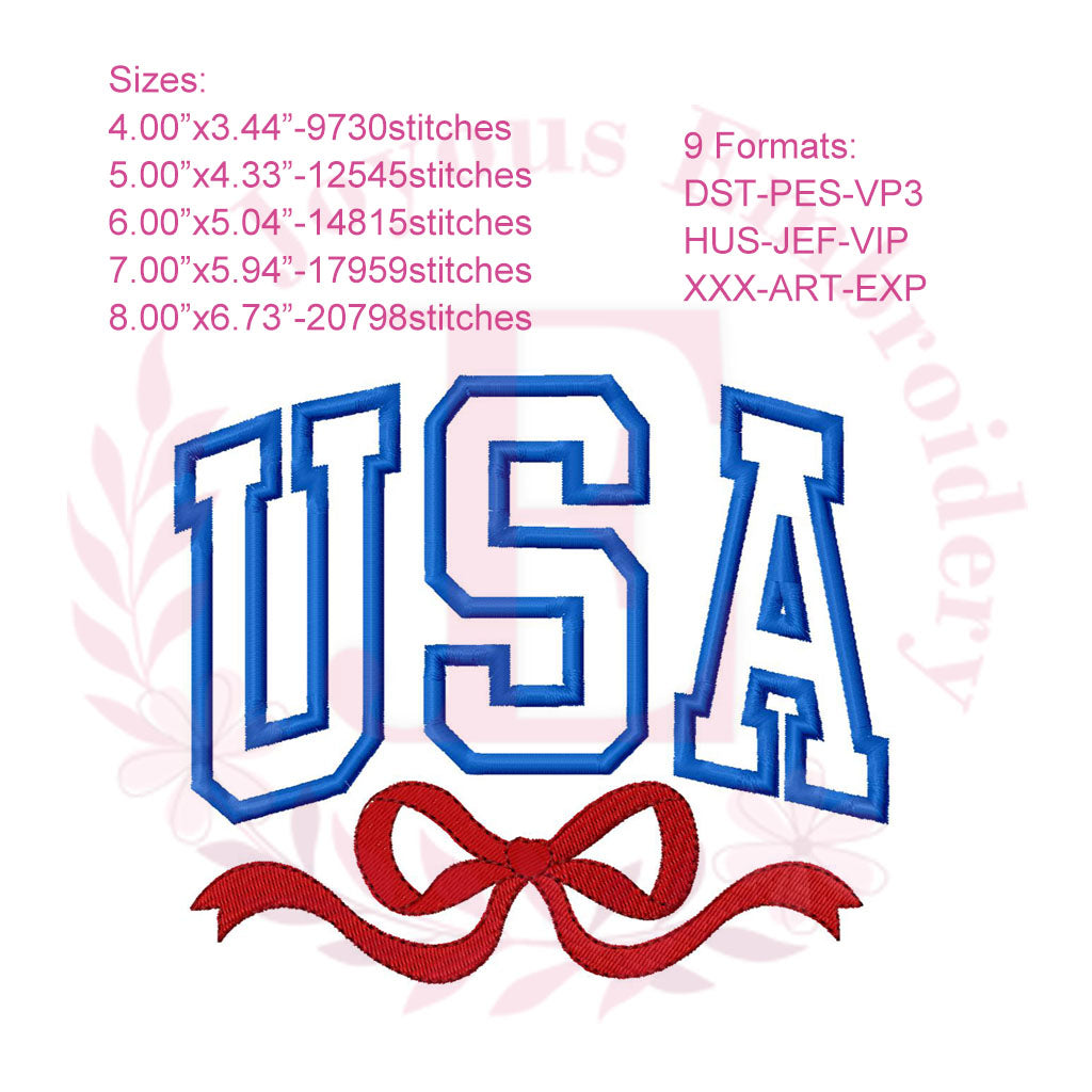 USA Bow Applique Embroidery Design, Patriotic Bow Embroidery File, America USA Machine Embroidery File