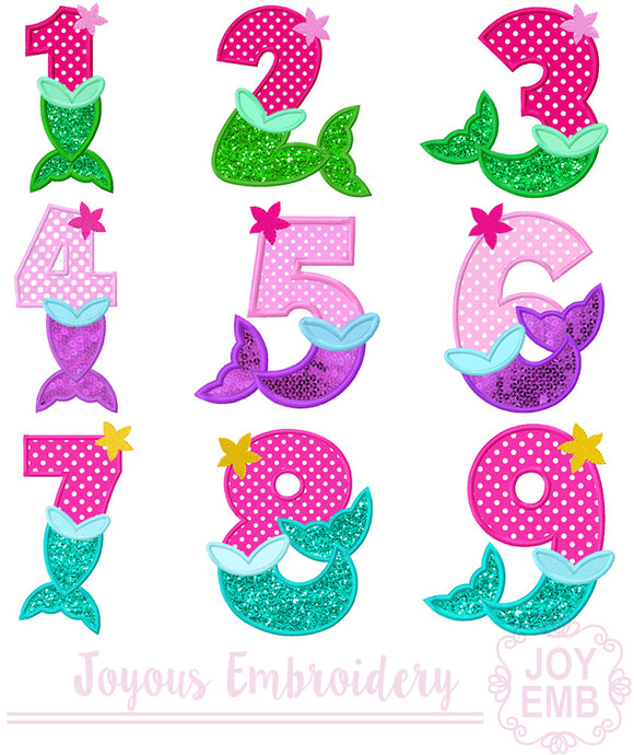 Mermaid Numbers 1-9 Applique Machine Embroidery Design