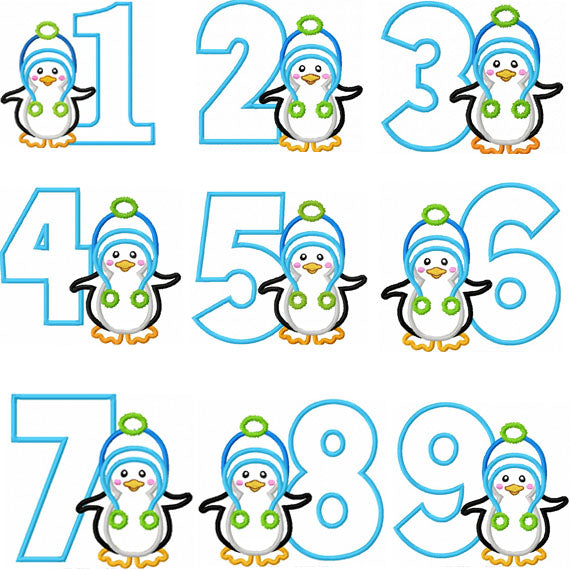 Penguin Numbers1-9 Applique Machine Embroidery Design NO:1272